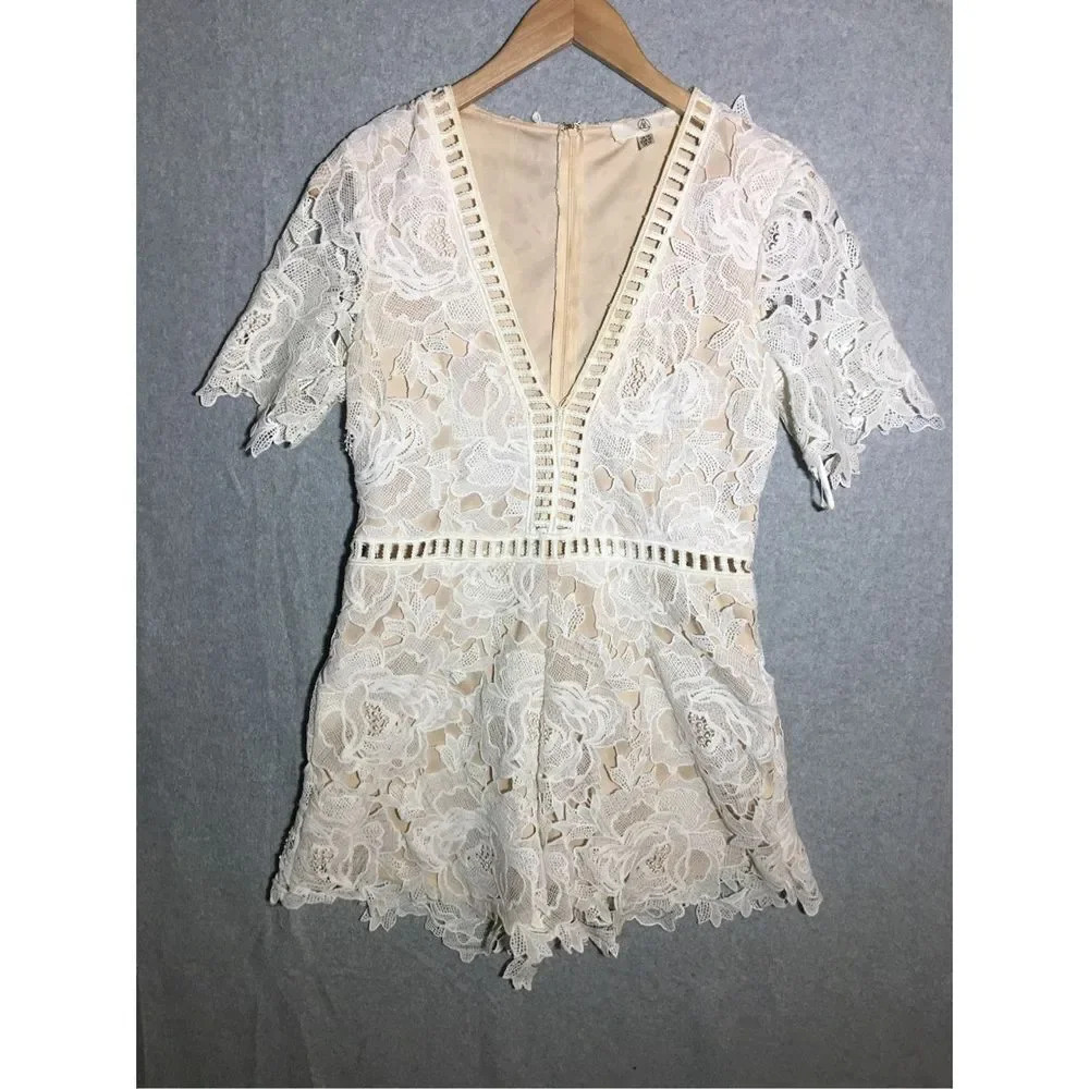 Womens Missguided Romper Deep V Neck Lace Boho Floral Cutouts